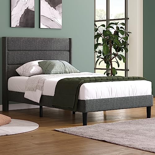 YAIXBNG Polsterbett 90 x 200 cm, Bettgestell mit Lattenrost & Kopfteil, gepolstertes Doppelbett, Textilbezug Leinen in Grau, Zeitloses modernes Design, Jugendbett YAIXBNG Polsterbett 90 x 200 cm, Bettgestell mit Lattenrost & Kopfteil, gepolstertes Doppelbett, Textilbezug Leinen in Grau, Zeitloses modernes Design, Jugendbett von YAIXBNG