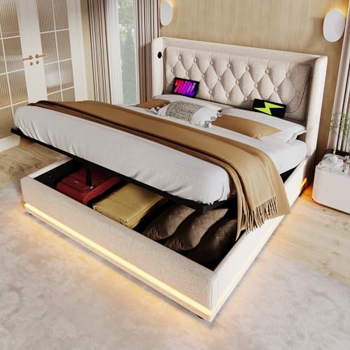 YAIXBNG Polsterbett Doppelbett 180 * 200 cm,Beige Baumwolle-Material Hydraulisches Stauraumbett, gepolstertes Kopfteil mit USB Typ-C Ladefunktion, 3-seitige LED-Funktion(Ohne Matratze) von YAIXBNG