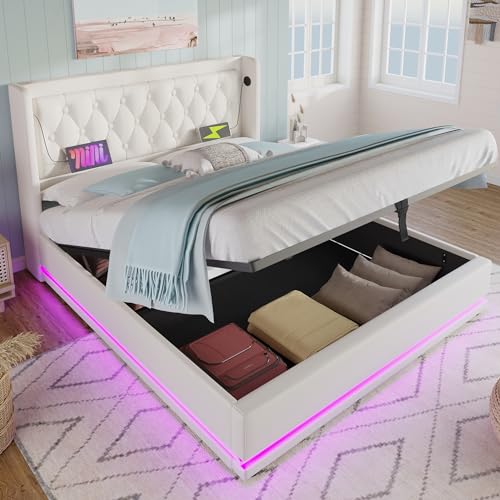 YAIXBNG Polsterbett Doppelbett 180 * 200 cm,Weiß PU-Material Hydraulisches Stauraumbett, gepolstertes Kopfteil mit USB Typ-C Ladefunktion, 3-seitige LED-Funktion(Ohne Matratze) von YAIXBNG