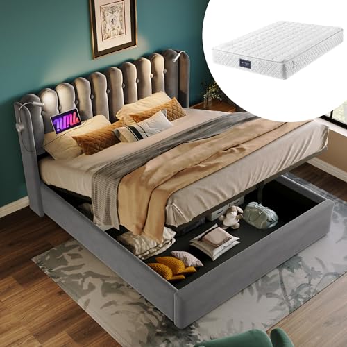 YAIXBNG Polsterbett Doppelbett Leselicht mit Ladefunktion Kopfteil Stauraum Bettgestell Samt Jugendbett 160x200 mit lattenrost,Grau(Mit Matratze) von YAIXBNG