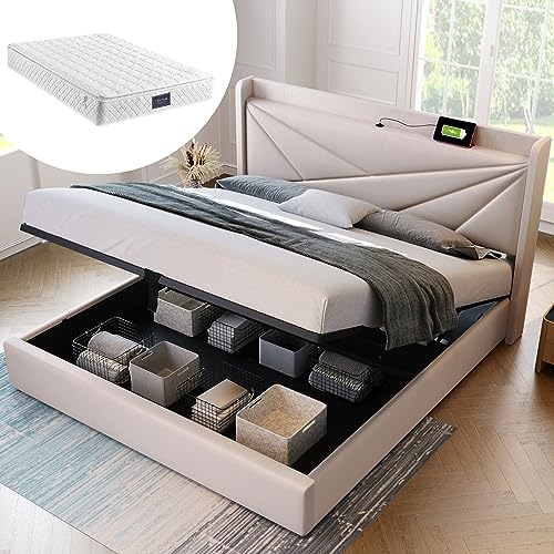 YAIXBNG Polsterbett Doppelbett Stauraum Bettkasten mit USB Typ C Ladefunktion Kopfteil,Stauraumbetten Bettgestell aus Leinenmaterial Jugendbett 160x200 mit lattenrost(Mit Matratze) von YAIXBNG