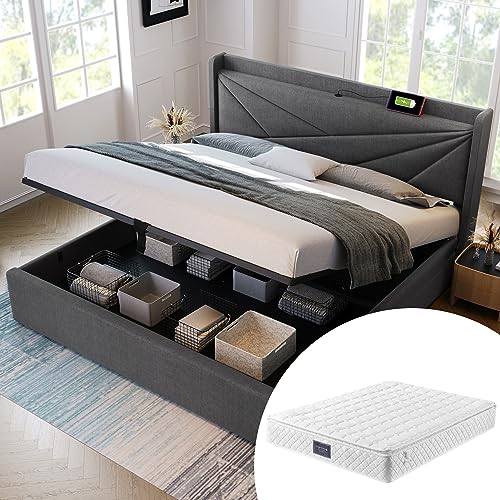 YAIXBNG Polsterbett Doppelbett Stauraum Bettkasten mit USB Typ C Ladefunktion Kopfteil,Stauraumbetten Bettgestell aus Leinenmaterial Jugendbett 160x200 mit lattenrost(Mit Matratze) von YAIXBNG