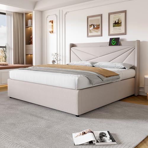 YAIXBNG Polsterbett Doppelbett Stauraum Bettkasten mit USB Typ C Ladefunktion Kopfteil,Stauraumbetten Bettgestell aus Leinenmaterial Jugendbett 160x200 mit lattenrost(Ohne Matratze) von YAIXBNG