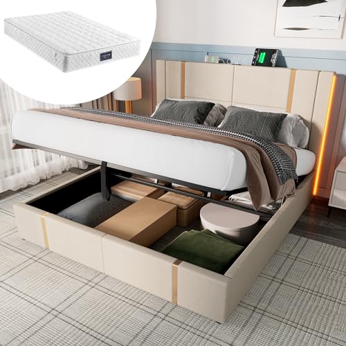 YAIXBNG Polsterbett Doppelbett USB Type C Ladefunktion APP-Control LED 140×200 Stauraumbetten Bettgestell, Lattenrost aus Holz,Beige Leinenmaterial (Mit Matratze) von YAIXBNG