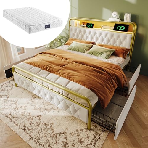 YAIXBNG Polsterbett Doppelbett mit Aufladen USB Type C Ladefunktion APP-Control LED Bettgestell Metallbett 160×200 Bettrahmen und 4 Schubladen, Samt (Mit Matratze) von YAIXBNG