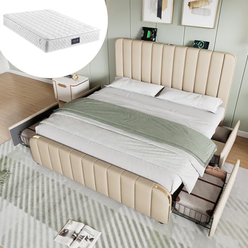 YAIXBNG Polsterbett Doppeltes, gepolstertes Kopfteil mit goldenen Zierstreifen und,USB Typ-C Ladefunktion 140 * 200 cm, Beige Leinen-Material mit 4 Schubladen,Belastbarkeit 181 kg (Mit Matratze) von YAIXBNG