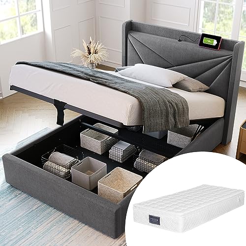 YAIXBNG Polsterbett Einzelbett Stauraum Bettkasten mit USB Typ C Ladefunktion Kopfteil,Stauraumbetten Bettgestell aus Leinenmaterial Jugendbett 90x200 mit lattenrost(Mit Matratze) von YAIXBNG