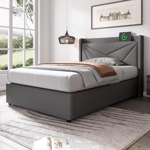 YAIXBNG Polsterbett Einzelbett Stauraum Bettkasten mit USB Typ C Ladefunktion Kopfteil,Stauraumbetten Bettgestell aus Leinenmaterial Jugendbett 90x200 mit lattenrost(Ohne Matratze) von YAIXBNG