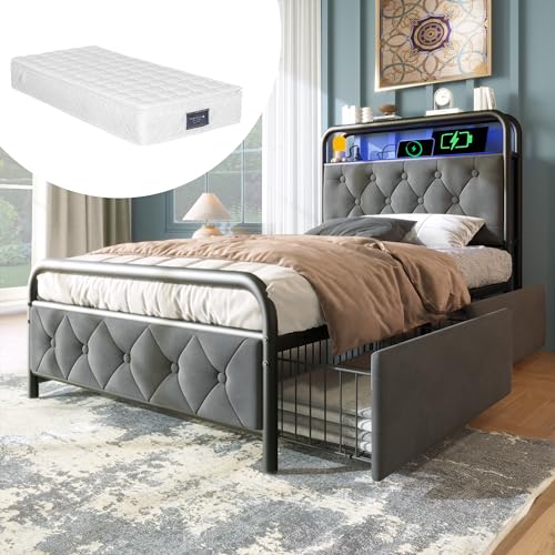 YAIXBNG Polsterbett Einzelbett mit Aufladen USB Type C Ladefunktion APP-Control LED Bettgestell Metallbett 90×200CM Bettrahmen und 2 Schubladen, Samt (Mit Matratze) von YAIXBNG