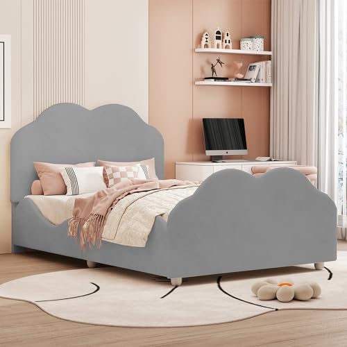 YAIXBNG Polsterbett Kinderbett 90 x 200 cm hohes Geländer-Kinder Bettgestell mit wolkenförmigem Kopf- und Fußteil. Einzelbett in hautfreundlichem Samt Grau von YAIXBNG