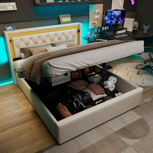 YAIXBNG Polsterbett LED Doppelbett Stauraum Bettkasten mit USB Typ C Ladefunktion Kopfteil,Stauraumbetten Bettgestell aus Baumwolle Jugendbett 140x200 mit lattenrost(Ohne Matratze) von YAIXBNG