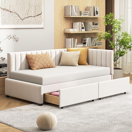 YAIXBNG Polsterbett Schlafsofa 90 * 200 Multifunktionsbett mit 2 großen Stauraumschubladen und Lattenrost hautfreundlicher Samtstoff Beige von YAIXBNG