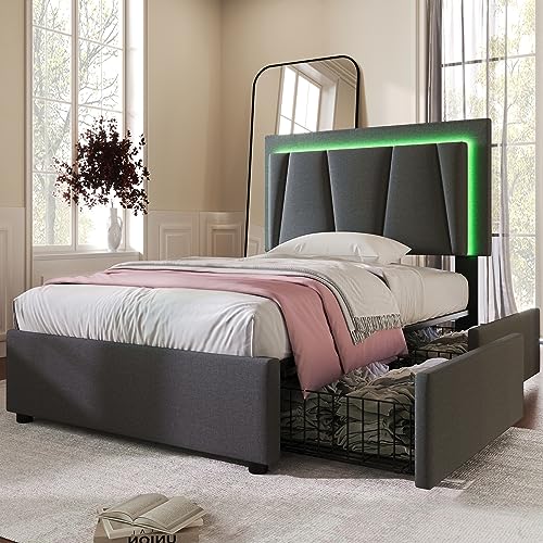 YAIXBNG Polsterbett mit LED-Beleuchtung und 2 Schubladen,Höhenverstellbarem Kopfteil,Einzelbett 90x200cm Stauraumbetten Bettgestell, Lattenrost aus Holz,Garu (Ohne Matratze) von YAIXBNG
