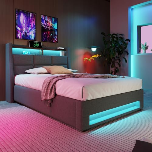 YAIXBNG Polsterbett mit USB 90x200cm,LED Einzelbett mit Lattenrost aus Metallrahmen,Bettgestell aus Leinenmaterial Jugendbett (Ohne Matratze) von YAIXBNG