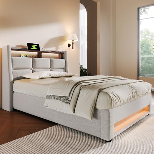 YAIXBNG Polsterbett mit USB 90x200cm,LED Einzelbett mit Lattenrost aus Metallrahmen,Bettgestell aus Leinenmaterial Jugendbett (Ohne Matratze) von YAIXBNG