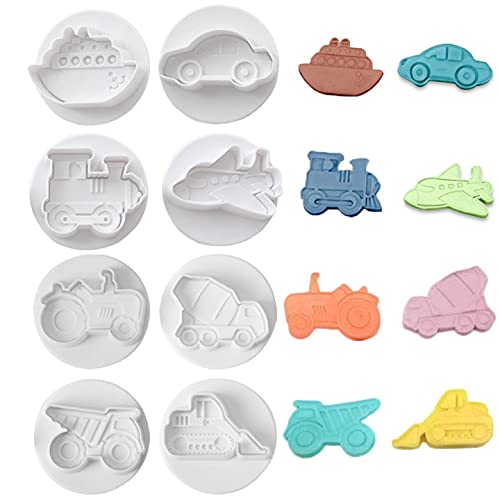 8 Stück Fahrzeug Backen Ausstecher 3D Cartoon Transport Auto Cookie Pie Krust Ausstecher Gebäck Fondant Stempel Backformen Kuchen Dekorieren Werkzeuge mit Griff Federvorrichtung, Direktprägung von YAIYEFU