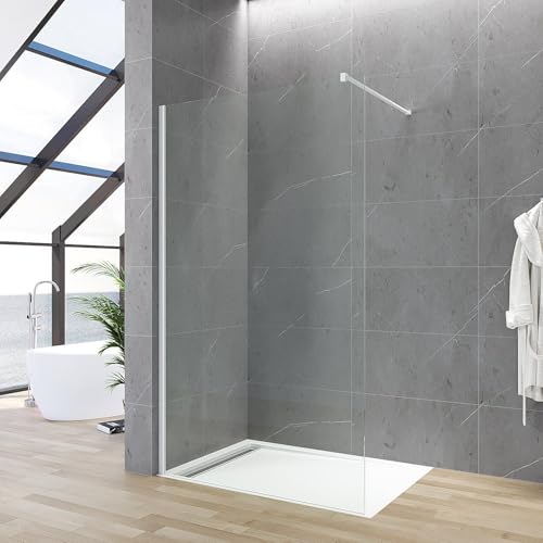 Walk In Duschwand 80 x 200 cm Glas Duschabtrennung Duschtrennwand aus 8 mm Nano ESG Sicherheitsglas mit weißmattem Wandprofil & Stabilisator Duschkabine Badezimmer Glaswand Duschglaswand YAKE von YAKE