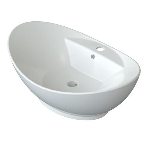 YAKE Aufsatzbecken Keramik Aufsatzwaschbecken 59x 38,5x 21,5cm Bad Waschplatz Waschbecken Handwaschbecken klein Gäste wc weiß Design mit Wasserhahnloch und Überlauf von YAKE
