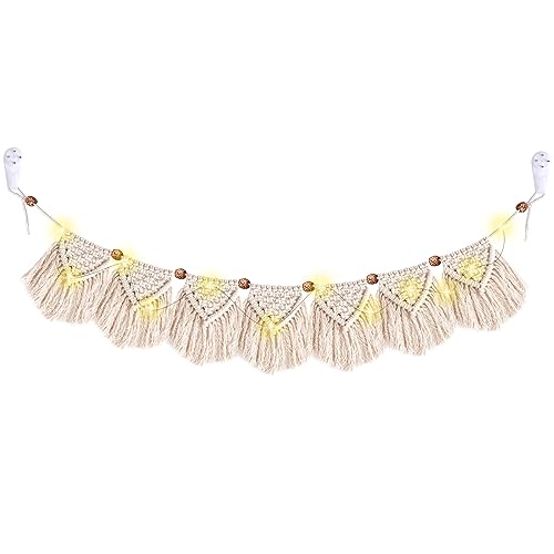 YAKLEE Makramee Wandbehang Boho Deko, Handgewebt Makramee Wandteppich Fransengirlande mit 3m LED Lichterkette, Boho Wanddeko Banner für Wohnzimmer Schlafzimmer Hochzeit Party Deko(132 * 14cm) von YAKLEE