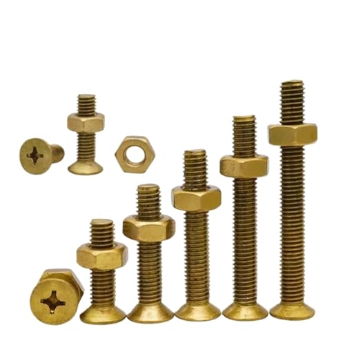 YAKUFAST M2 .5 M3 M4 M5 M6 Messing Kupfer 2 in 1 Flachkopfschrauben-Muttern-Kombinationssatz Kreuz-Senkkopfschraube Sechskantmuttern(M3x6mm-30Sets) von YAKUFAST