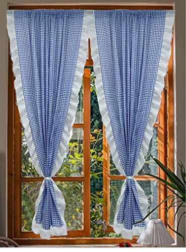 Yaland Scheibengardinen Gardinen Schal Landhausstil Karo Vorhänge Vintage Stangendurchzug Blickdicht Breite 150cm Hoch 160cm Blau von YALAND
