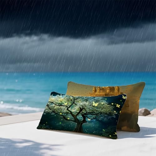 Kissenbezug 40 x 60cm Blau 2er Set Sofakissen Schloss Muster Outdoor Kissen Rechteck Wasserfestem Superweichem Unsichtbarer Reißverschluss Beidseitiger Druck Boho Dekokissen Gilt Wohnzimmer BY8 2-4 von YALNSENN