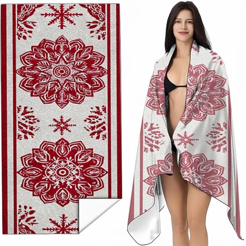 Mikrofaser Strandtuch 90x200 cm Rot Und Weiß Stranddecke Intimer Druckknopf, Saugfähig Sandfreies Schnell Trocknendes, Weiches Leichtes Schneeflocke Strandtuch XXL für Strand Reise Schwimmen SYL3 C-6 von YALNSENN