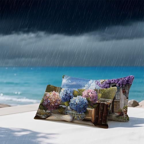 Outdoor Kissen Blume 2er Set Kissenbezug 40x60 cm Kleine Stadt Muster Rechteck Sofakissen Wasserfestem Leinen Unsichtbarer Reißverschluss für Terrassen-Gartenbank Boho Dekokissen Balkon Deko BY2 A-C von YALNSENN