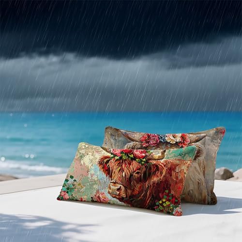 Outdoor Kissen Ochse 2er Set Kissenbezug 40x60 cm Pflanze Muster Rechteck Sofakissen Wasserfestem Leinen Unsichtbarer Reißverschluss Gilt für Terrassen-Gartenbank Boho Dekokissen Balkon Deko BY6 7-3 von YALNSENN
