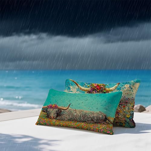 Outdoor Kissen Tier 2er Set Kissenbezug 40x70 cm Ochse Muster Rechteck Sofakissen Wasserfestem Leinen Unsichtbarer Reißverschluss Gilt für Terrassen-Gartenbank Boho Dekokissen Balkon Deko BY5 0-2 von YALNSENN