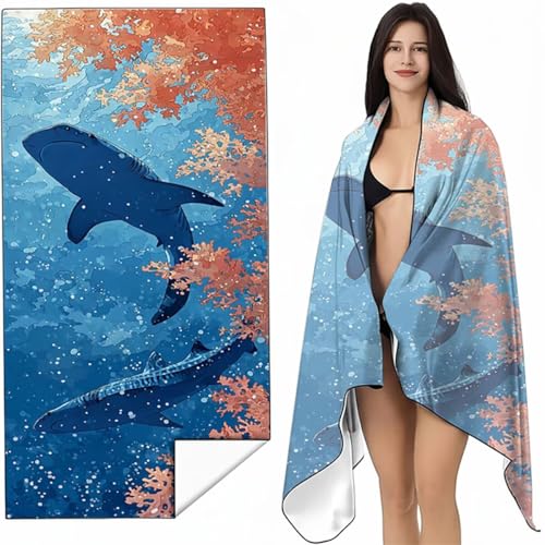 Strandtuch Mikrofaser Handtuch Groß Blau 100x200 cm, Microfaser Handtücher Kompakt und Sandfest, Leicht und chnelltrocknend Gym Handtuch für Travel, Strand, Sauna, mit Tasche Meereslebewesen SYL1 R-B von YALNSENN