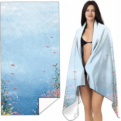 Strandtuch Mikrofaser Handtuch Groß Blau 70 x 140cm, Microfaser Handtücher Kompakt und Sandfest, Leicht und chnelltrocknend Gym Handtuch für Travel, Strand, Sauna, mit Tasche Meereslebewesen SYL3 4-5 von YALNSENN