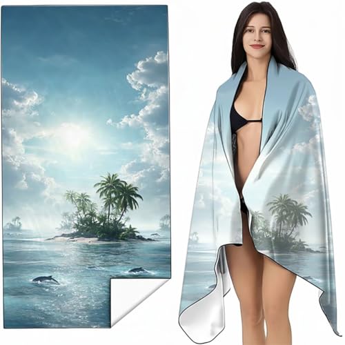 Strandtuch Mikrofaser Handtuch Groß Blau 90 x 180cm, Microfaser Handtücher Kompakt und Sandfest, Leicht und chnelltrocknend Gym Handtuch für Travel, Strand, Sauna, mit Tasche Landschaft SYL9 C-E von YALNSENN