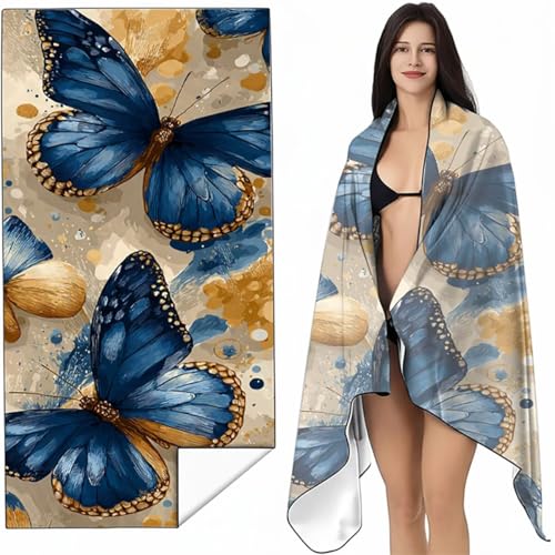 Strandtuch Mikrofaser Handtuch Groß Blau 90x200 cm, Microfaser Handtücher Kompakt und Sandfest, Leicht und chnelltrocknend Gym Handtuch für Travel, Strand, Sauna, mit Tasche Schmetterling SYL9 9-F von YALNSENN