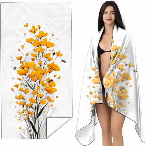 Strandtuch Mikrofaser Handtuch Groß Gelb 90 x 180cm, Microfaser Handtücher Kompakt und Sandfest, Leicht und chnelltrocknend Gym Handtuch für Travel, Strand, Sauna, mit Tasche Pflanze SYL9 U-1 von YALNSENN