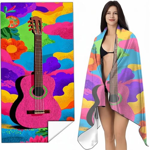 Strandtuch Mikrofaser Handtuch Groß Rosa 90 x 180cm, Microfaser Handtücher Kompakt und Sandfest, Leicht und chnelltrocknend Gym Handtuch für Travel, Strand, Sauna, mit Tasche Gitarre SYL5 T-7 von YALNSENN