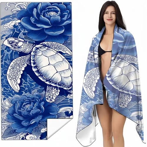 YALNSENN Strandtuch Mikrofaser Handtuch Groß Blau 80x160 cm, Microfaser Handtücher Kompakt und Sandfest, Leicht und chnelltrocknend Gym Handtuch für Travel, Strand, Sauna MeeresschildkröTen SYL3 9-U von YALNSENN