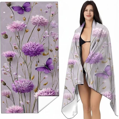 YALNSENN Strandtuch Mikrofaser Handtuch Groß Lila 90x200 cm, Microfaser Handtücher Kompakt und Sandfest, Leicht und chnelltrocknend Gym Handtuch für Travel, Strand, Sauna, mit Tasche Blume SYL5 F-P von YALNSENN