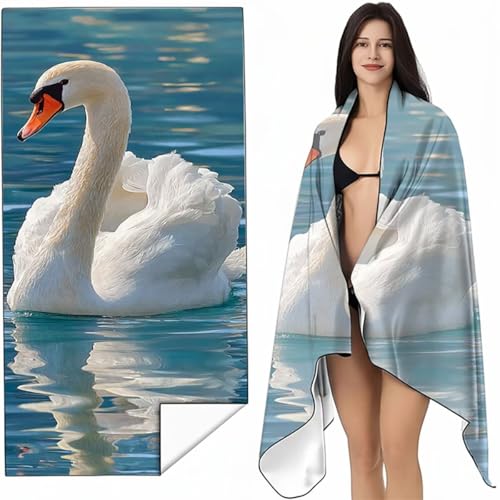 YALNSENN Strandtuch Mikrofaser Handtuch Groß Weiß 90x200 cm, Microfaser Handtücher Kompakt und Sandfest, Leicht und chnelltrocknend Gym Handtuch für Travel, Strand, Sauna, mit Tasche Schwan SYL7 F-J von YALNSENN