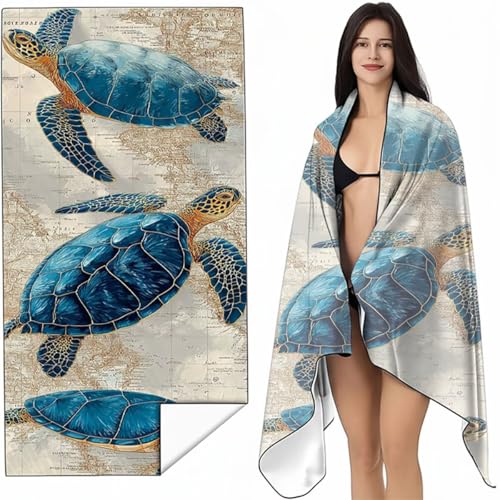 YALNSENN Strandtuch XXL 70 x 140cm Blau Strandmatte Sandfreies Schnell Trocknendes, Weiches Leichtes MeeresschildkröTen Mikrofaser Strandtuch Damen Herren für Reise Urlaub Schwimmen Campin SYL6 0-9 von YALNSENN