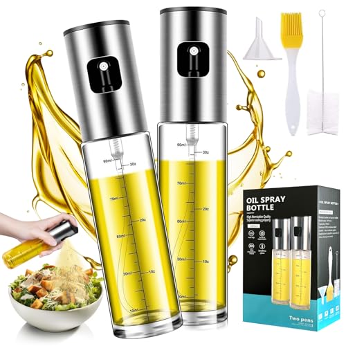 YAMAIDUO 2er Ölsprüher für Speiseöl, 100 ML Öl Sprühflasche aus Edelstahl und Glas mit Skala & Trichter, Multifunktionaler Ölspray für Heißluftfritteuse, Salat, Grillen, Backen, Küchen Gadgets von YAMAIDUO
