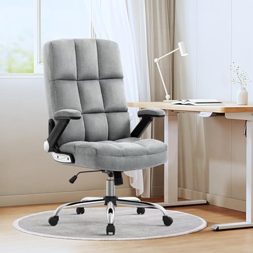 YAMASORO Bürostuhl Ergonomischer Grau Schreibtischstuhl Chefsessel mit Aufklappbaren Armlehnen, höhenverstellbarer 360° Drehstuhl mit Verstellbarer Lordosenstütze, Büro Samt Stuhl (Grau) von YAMASORO