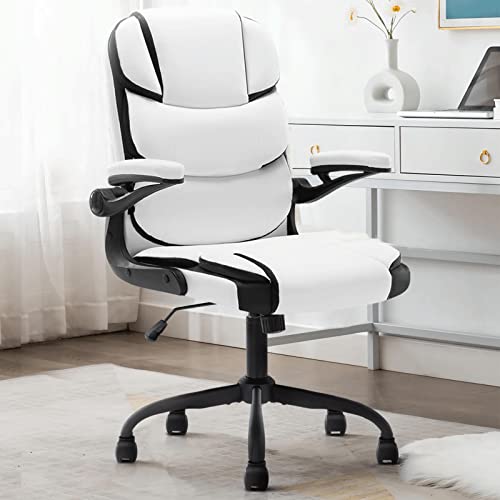 YAMASORO Bürostuhl Leder Stuhl Weiss mit aufklappbaren Armlehnen Schreibtischstuhl Höhenverstellbarer 360° Drehstuhl mit Verstellbarer Rückenlehne, Weiß von YAMASORO