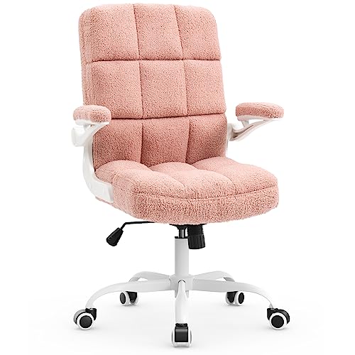 YAMASORO Schminktisch Stuhl Rosa Teddyfleece Schreibtischstuhl Samt Stuhl mit Aufklappbaren Armlehnen Bürostuhl Ergonomisch Höhenverstellbarer 360° Office Chair mit Verstellbarer Rückenlehne von YAMASORO