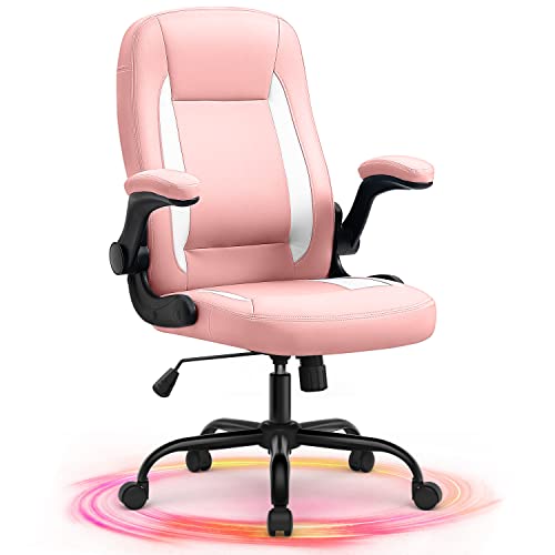 YAMASORO Schreibtischstuhl Rosa Leder Stuhl mit aufklappbaren Armlehnen Ergonomischer Bürostuhl Höhenverstellbarer 360° Drehstuhl mit Verstellbarer Rückenlehne von YAMASORO