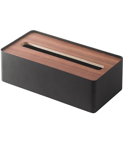 Yamazaki 7729 RIN Taschentuchbox mit Holzdeckel, schwarz, Holz/Stahl, Minimalistisches Design, 26 x 13 x 8,2 cm (LxBxH) von YAMAZAKI
