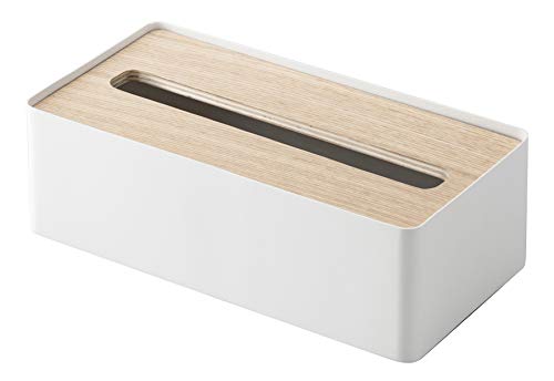 Yamazaki 7730 RIN Taschentuchbox mit Holzdeckel, weiß, Holz/Stahl, Minimalistisches Design, 26 x 13 x 8,2 cm (LxBxH) von YAMAZAKI