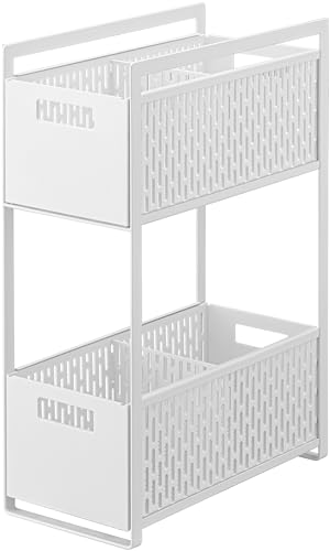 Yamazaki 5218 TOWER Set mit 2 Aufbewahrungskörben, weiß, ABS Harz/Stahl/Silikon, Minimalistisches Design, 16 x 32,5 x 46 cm (LxBxH) von YAMAZAKI