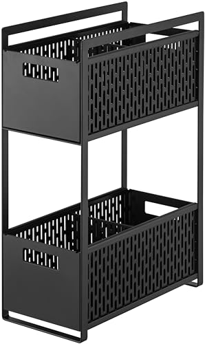 Yamazaki 5219 TOWER Set mit 2 Aufbewahrungskörben, schwarz, ABS Harz/Stahl/Silikon, Minimalistisches Design, 16 x 32,5 x 46 cm (LxBxH) von YAMAZAKI