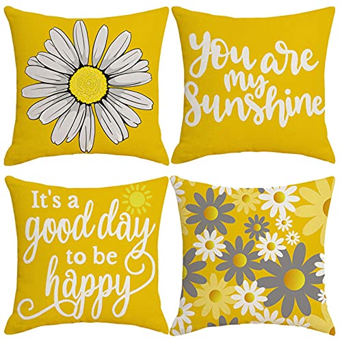 YSCP 4 Stück Dekorative Kissenbezüge 45 x 45 cm Outdoor Super Weiche Kissenbezug Zierkissenbezug Muster Kissenhülle für Couch Zimmer, Wasserdicht Baumwolle Leinen Werfen Sie Kissenbezüge, Yellow von YSCP